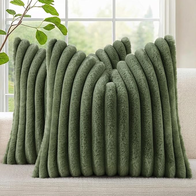 decorUhome Cozy Faux Fur Throw Pillow Covers 16x16 Set of 2 Decorative Soft Plush Striped Modern Farmhouse Boho Couch Pillow Cases with Velvet Back for Sofa Bed Living Room, Olive Green