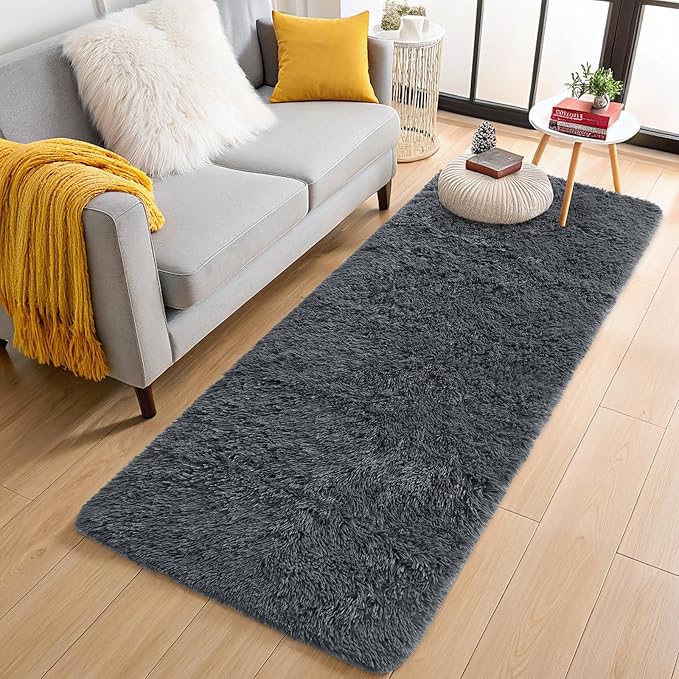 OLANLY 2x9 Machine Washable Runner Rugs for Hallway, Soft Fluffy Shaggy Bedside Rugs for Bedroom, Living Room, Indoor Floor Carpet for Kids Girls and Boys, Nursery Rooms, Home Decor Aesthetic, Grey