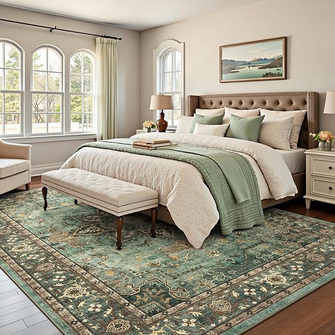 Lofus 8x10 Area Rugs for Living Room, Washable Area Rug, Rugs for Bedroom, Kitchen, Vintage Boho Carpet, Soft Non-Slip, Low Pile Large Area Rug for Office Dining Room, Green