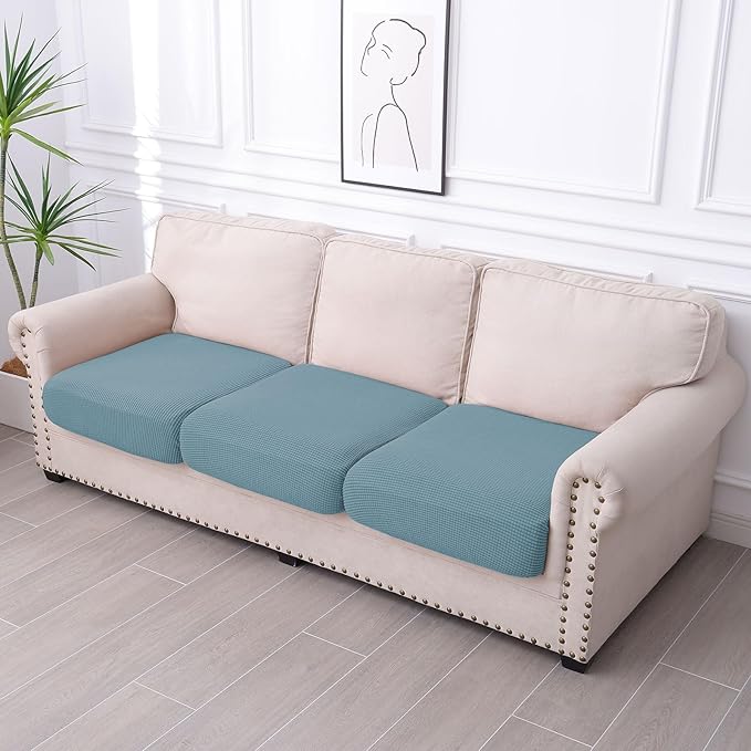 hyha Waterproof Couch Cushion Covers for Pets, Non Slip Sofa Seat Cover for Dogs Washable, Soft Thick Stretch Jacquard Fabric, Sofa Slipcovers with Elastic Bottom (3 Pieces, Lake Blue)