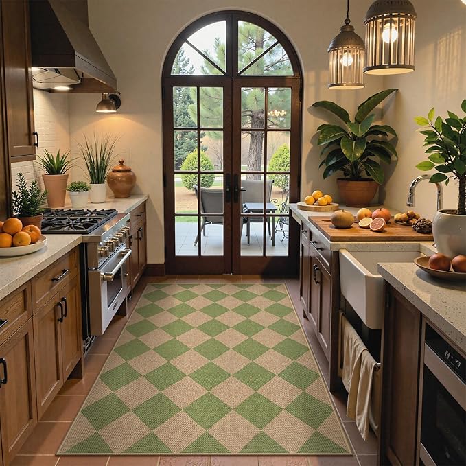 Lahome Colette Green Checkered Easy Jute Rug, 3x5 Washable Outdoor Rug Neutral Rug for Entryway, Checkerboard Non Slip Non Shedding Floor Carpet for Living Room Front Door Porch