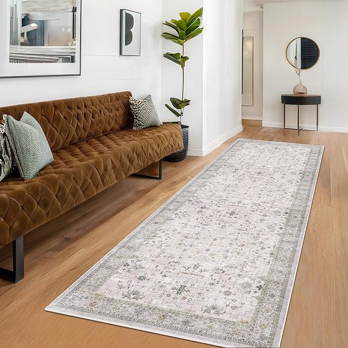 Hazo Haus Floral 3x8 Wide Hallway Runner - Light Gray with Taupe Accent, Boho Eclectic Decor, Washable Low Pile Non Slip Stain Resistant Rug for Long Kitchen, Large Bathroom, Hall Way