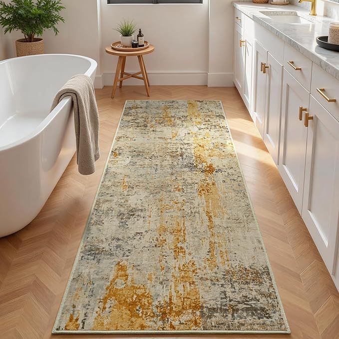 Runner Rug for Kitchen Beige Hallways Runner Rug Non Slip 2'6''x8' Washable Long Runner Rugs with Rubber Backing Soft Abstract Carpet Runner for Entryway, Kitchen, Bedroom, Bathroom