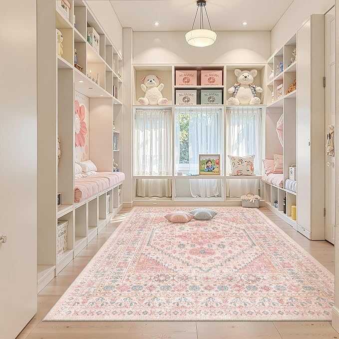 zesthome 6x9 Washable Rugs for Baby Girl, Super Soft Pink Rugs for Nursery Room, Non-Slip Stain Resistant Bedroom Rug, Ultra-Thin Large Area Rug (Pink/Blue,6'x9')