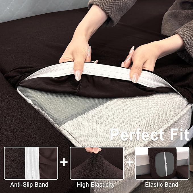 Leather Look Couch Cushion Covers Sofa Seat Slipcovers Sets Couches Furniture Protector for Sectional Armchair Loveseat Pets Kids Stretch Spandex Fabric (3 Cushion Sofa, Chocolate)