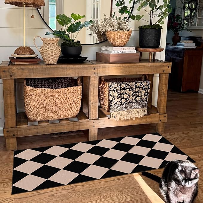 Front Door Mat Indoor Entrance - 2x4.3 Ft Black Tan Non-Slip Washable Outdoor Porch Rug Doormats Geometric Checkered Diamond Layered Rug for Front Door Kitchen Hallway Bedroom Laundry Room
