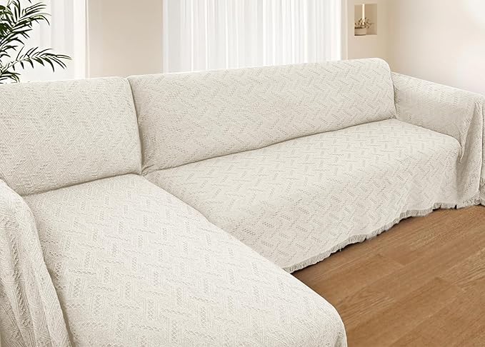 HOMERILLA Sectional Couch Covers for Sectional Sofa L Shaped Sofa Cover Blanket 2 Pieces L Shape Furniture Protector for Pets Dogs(Ivory, Large)