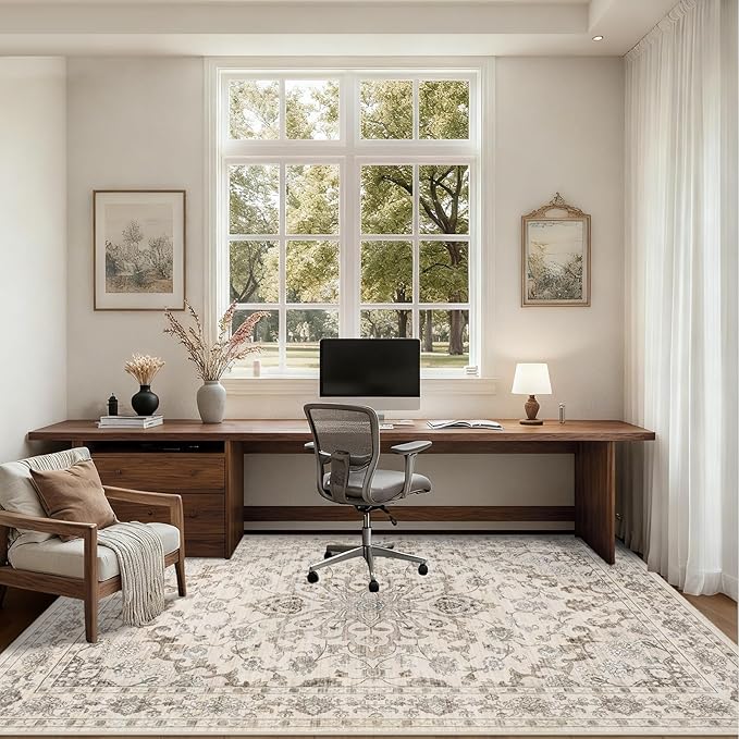 5x7 Area Rugs Living Room Rug: Washable Vintage Distressed Floral Rug No Slip Stain Resistant Soft Carpet Indoor Large Carpets for Bedroom Dining Room Farmhouse Nursery Hallway Home Office Brown Beige