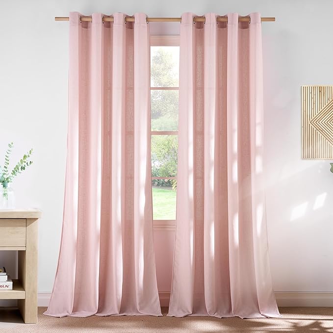 NICETOWN Thick Linen Light Pink Curtains for Kids Room, Grommet Flax Linen Privacy Added with Light Filtering Window Treatments for Girls Room, W55 x L96, 2 Panels