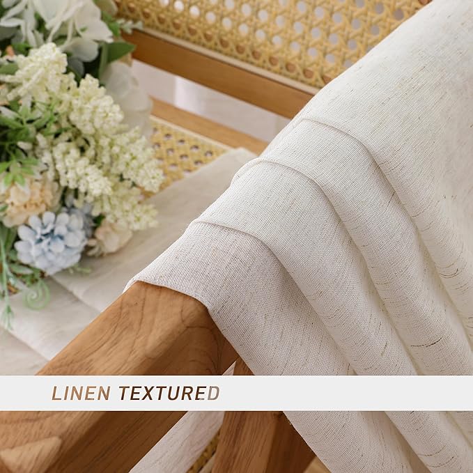 Simplebrand Natural Linen Textured Sheer Curtains 96 inches Long 2 Panels, Rod Pocket Solid Color Window Sheer Curtain Panels, Elegant Curtains & Drapes for Living Room, Bedroom (40" W x 96" L)