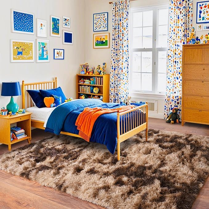 Pionblank Super Fluffy Brown Rug for Bedroom 5x7, Modern Indoor Shag Carpet, Soft Plush Non Slip Rugs for Living Room Kids Room Cloakroom Home Decor, Tie-Dyed Coffee