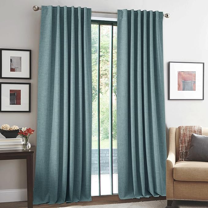 RYB HOME 100% Blackout Linen Textured Curtains 96 inches Long, Thermal Insulating Privacy Energy Saving for Bedroom Living Room Window Office Theater Baby Nursery, W 52 x L 96 in, Misty Blue, 2 Pcs