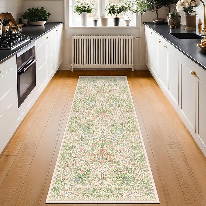 Hazo Haus Non Slip Beige Green Bathroom Runner Rug - Long Runner Rugs 24 x 72 Washable Kitchen Floor Mat, Laundry Room Rug, Hallway Runner - Vintage Floral Design Décor (2x6 Beige Green)