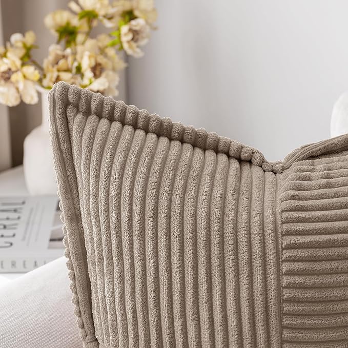MIULEE Decorative Throw Pillow Covers for Couch Bed Livingroom 16x16 Inch Set of 2 Light Brown Boho Accent Throw Pllows Broadside Striped Patchwork Soft Corduroy Pillowcases
