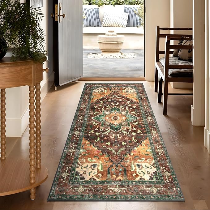 Yamaziot Washable Runner Rug, 3x6 Non-Slip Boho Vintage Hallway Rug with Rubber Backing, Low Pile Faux Wool Distressed Carpet Runner for Bedroom, Kitchen, Laundry, Entrance