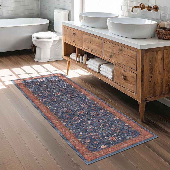 Hazo Haus Navy Blue Runner Rug 2x5 for Hallway, Kitchen, Bathroom, Mudroom, Laundry Room, Washable Non Slip Non Skid Rubber Backing Low Pile Stain Resistance