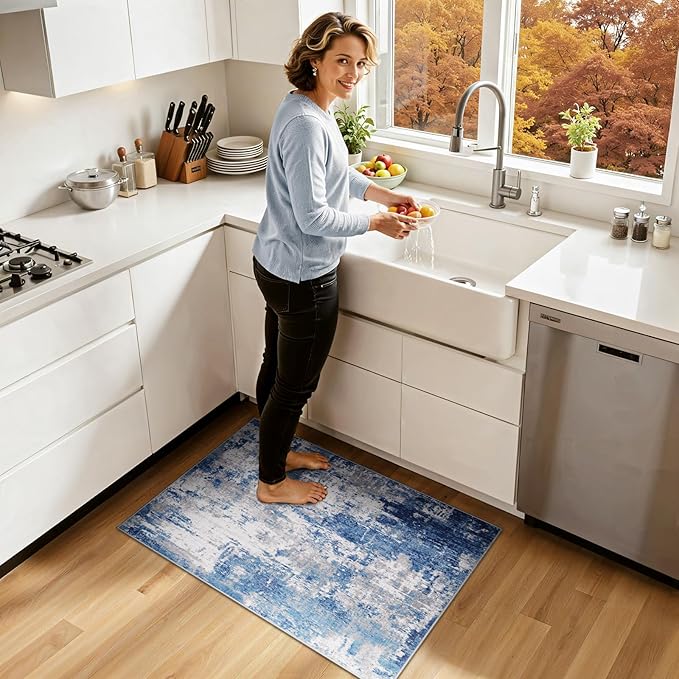 Washable Area Rugs 2'x3' Non-Slip Modern Abstract Soft for Living Room Entryway Bedroom Nursery, Print Pattern, Blue Grey Navy Gray