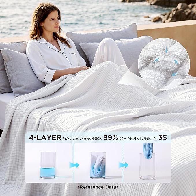 Bedsure 100% Cotton Muslin Blanket King Size for Bed - 4-Layer Breathable and Lightweight Thin Soft Summer Gauze Muslin Blanket for Adults, White, 108x90 Inches
