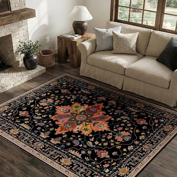 Area Rugs 4'x6' Washable Non-Slip, Floral Vintage Distress Print Pattern Medallion Carpet for Living Room Bedroom Dining Room, Black Colorful Floral Dark Tan