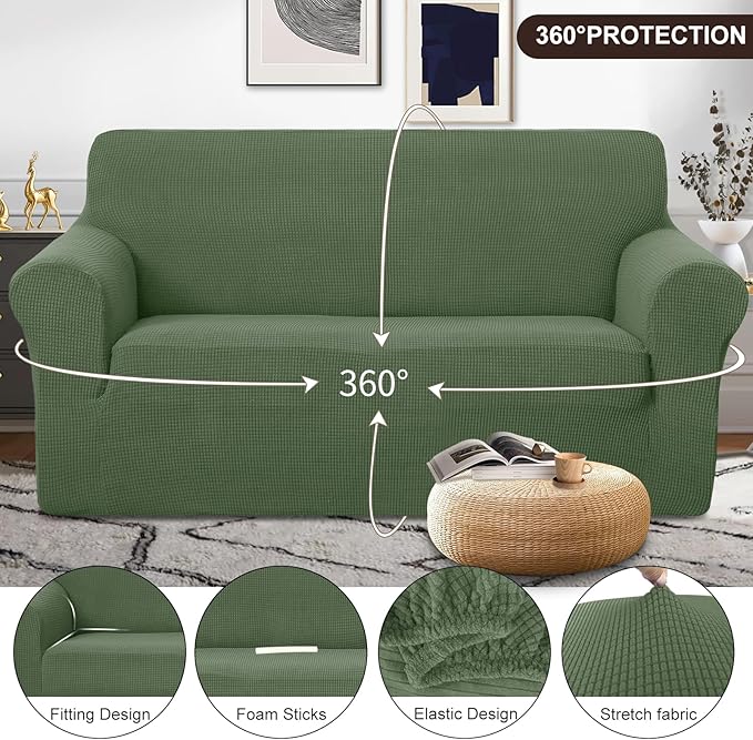 U-NICE HOME Oversized Stretch Loveseat Couch Cover Sofa Covers Washable Sofa Slipcover Furniture Protector for 2 Cushion Couch Sofa Pet Friendly, Loden Frost