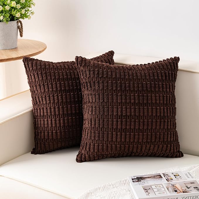 Pack of 2 Corduroy Decorative Throw Pillow Covers 18x18 InchSoft Boho Striped Pillow Covers Modern Farmhouse Home Decor for Sofa Living Room Couch Bed（Dark Brown）