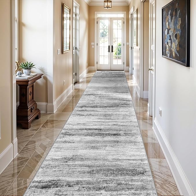 3x15 Washable Runner Rug for Hallway: Extra Long Runners for Entryway Living Room Dining Room - Stain and Water Resistant Rugs with Non-Slip Backing - Soft Low-Pile Carpet Grey