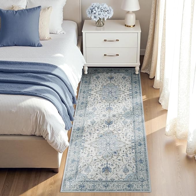 Area Rugs 3'x8' Runner Rug Non Slip Washable for Kitchen Hallway Bedroom Beside Laundry Room Bathroom Rug, Floor Carpet, Light Blue Navy Beige Gray White