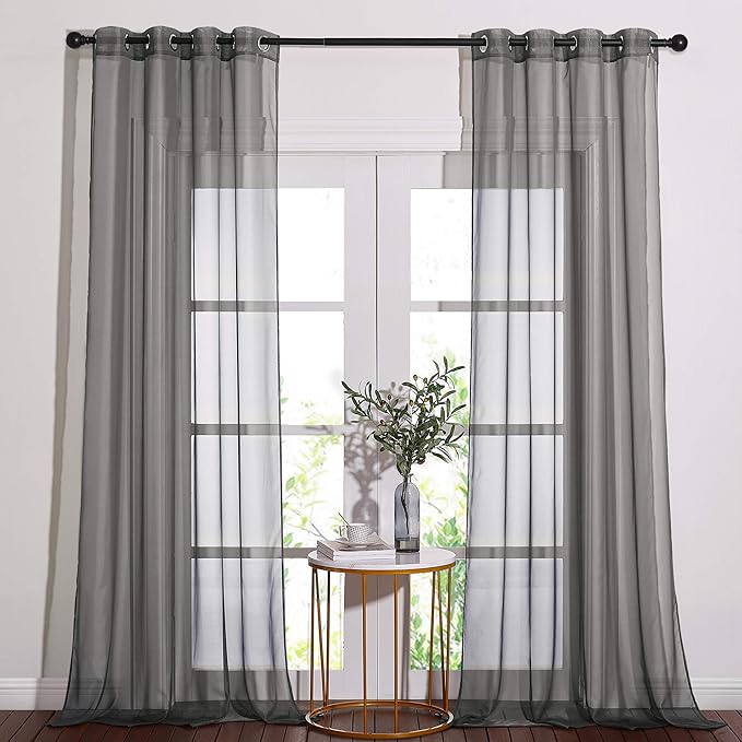 NICETOWN Sheer Curtains 108" Extra Long - Grommet Top Soft Voile Texture Window Draperies for Villa/Cottage (108" Wide Total 2 Pieces, Dark Grey)