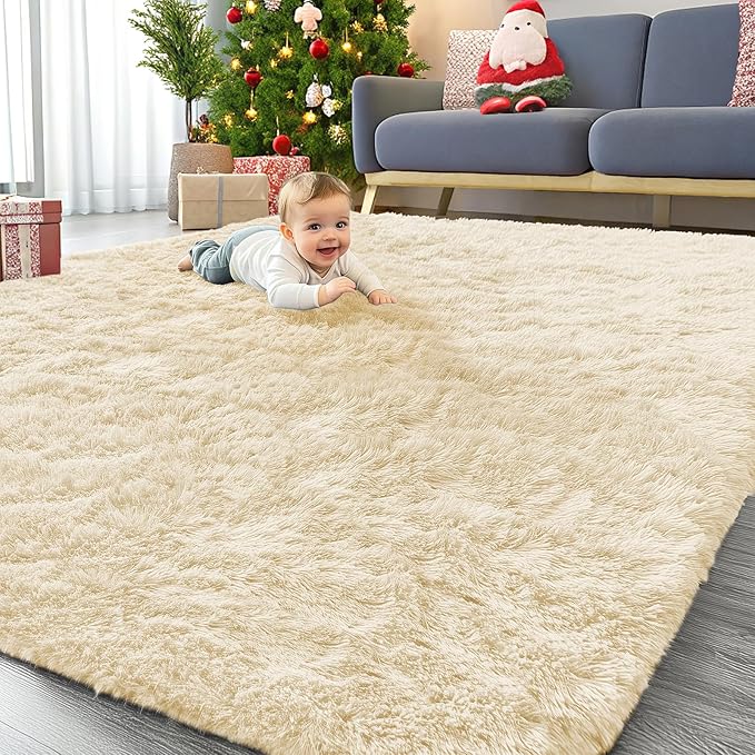OLANLY 6x9 Machine Washable Large Area Rugs for Living Room, Bedroom, Soft Fluffy Shaggy Bedside Rug, Indoor Floor Carpet for Kids Girls and Boys, Dorms, Nursery, Home Decor Aesthetic, Cream