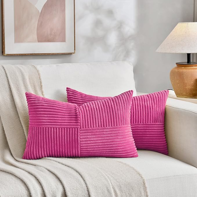 Fancy Homi 2 Packs Hot Pink Long Lumbar Decorative Throw Pillow Covers 12x24 Inch for Couch Bed Sofa, Rustic Farmhouse Boho Home Decor, Soft Striped Corduroy Rectangle Accent Cushion Case 30x60 cm