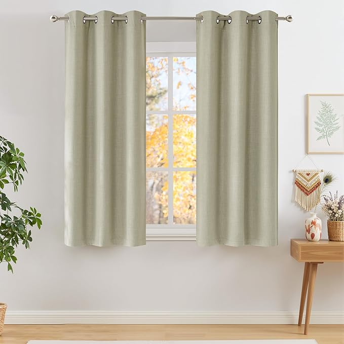 NICETOWN Short Faux Linen Beige Blackout Curtains 63 inches Long for Kitchen - Privacy Panels for Living Room Bedroom, Modern Farmhouse Style Easy Care Grommet Top, 2 Panels, W42 by L63