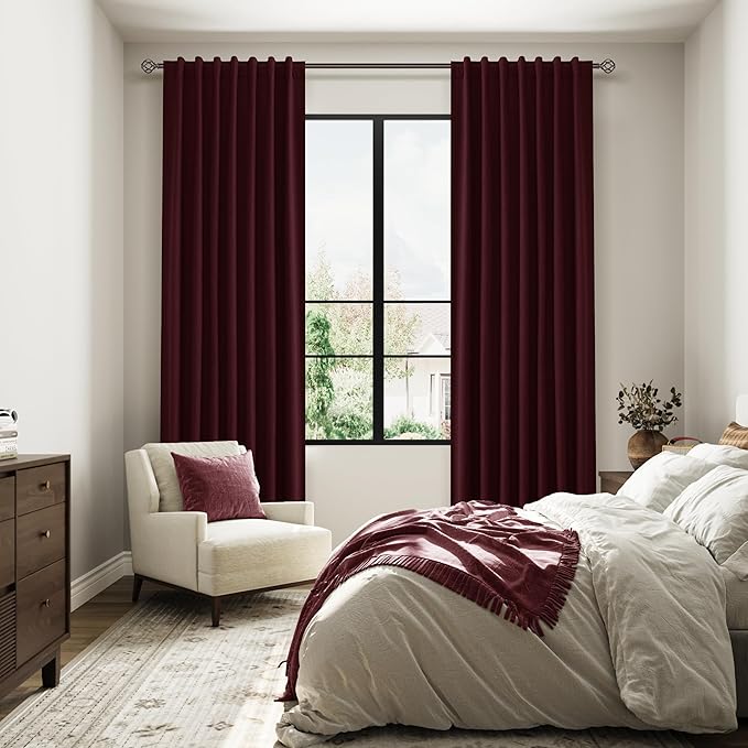 Burgundy 100% Blackout Linen Curtains 72 Inch Length 2 Panels Set for Living Room Bedroom Back Tab Thermal Insulated Black Out Drapes Room Darkening Farmhouse Style for Bedroom Window Curtains 52x72