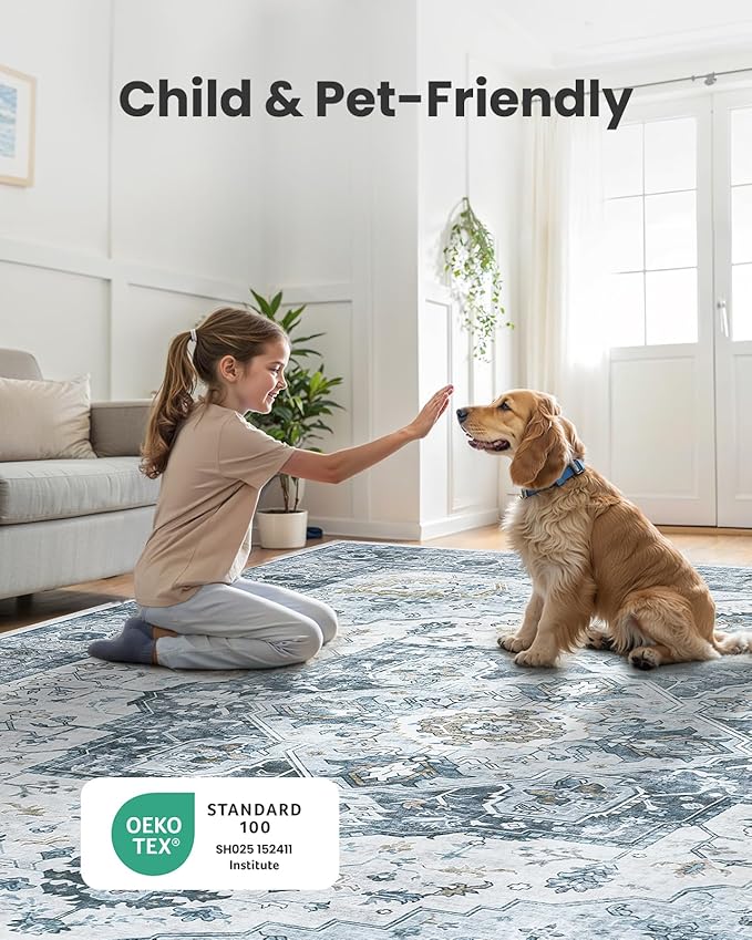 AMADA HOMEFURNISHING 9x12 Area Rug, Washable Low-Profile Large Area Rug with Non-Slip Backing & Durable Edge Binding, Vintage Large Rugs for Living Room, Bedroom