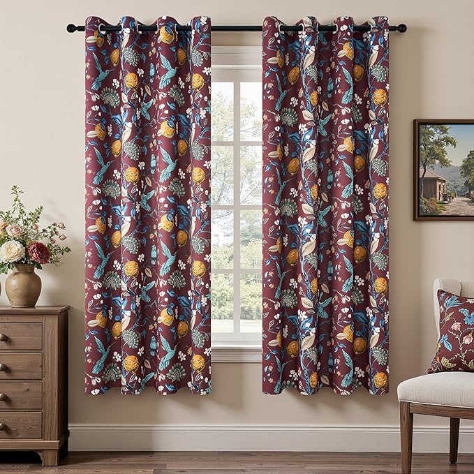 Topfinel Rust Boho Floral Curtains 72 Inches Long French Country Grommet Botanical Hummingbird Woodland Patterned Lemon Drapes for Bedroom Dining Living Room