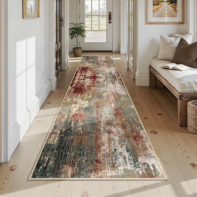 Washable Area Rugs 2'6'' x14 Non-Slip Modern Abstract Soft for Living Room Entryway Bedroom Nursery, Print Pattern, Brown Rust Red Green Blue Multi