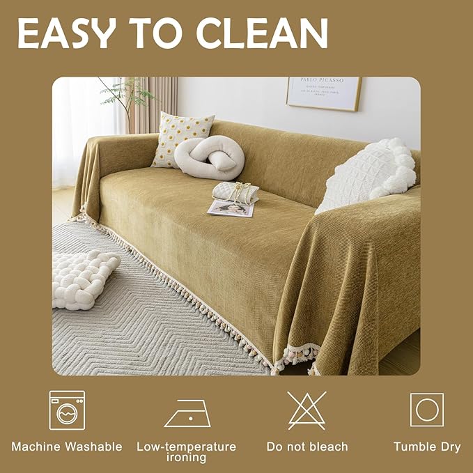 HANDONTIME Couch Covers for Pets Boho Mustard Yellow Love Seat Couch Covers Brown Sofa Cover for Dogs Pet Couch Protector Chenille Tassel Sofa Slipcovers Sofa Throw Cover Boho Decor, 71" X134"
