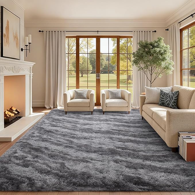 Area Rugs for Living Room, Tie-Dyed 6x9 Feet Soft Fluffy Shagg Plush Rug High Pile Large Indoor Modern Non-Slip Floor Carpet for Bedroom Nursery Kids Home Room Dorm Decor Aesthetic Grey