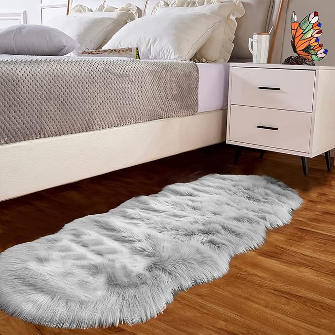 Goolela Grey Fluffy Fuzzy Furry Runner Rug 2x6 for Bedroom Bedside Faux Sheepskin Fur Shaggy Soft Plush Sheepskin