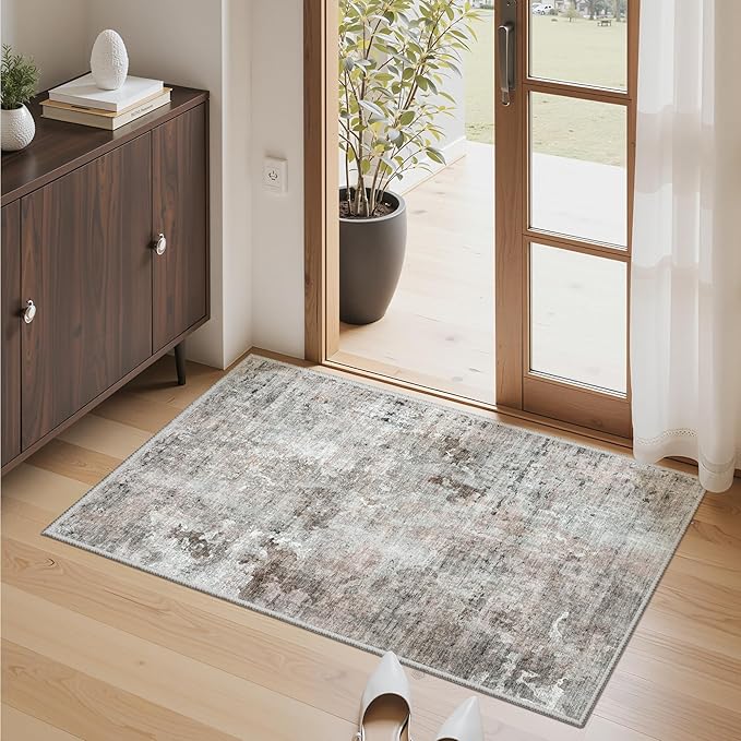 Soalmost 2x3 Abstract Washable Rugs for Kitchen, Floor, Entryway, Powder Room Small Area Rug Non-Slip Vintage Low Pile Throw Door Mat Pink Grey