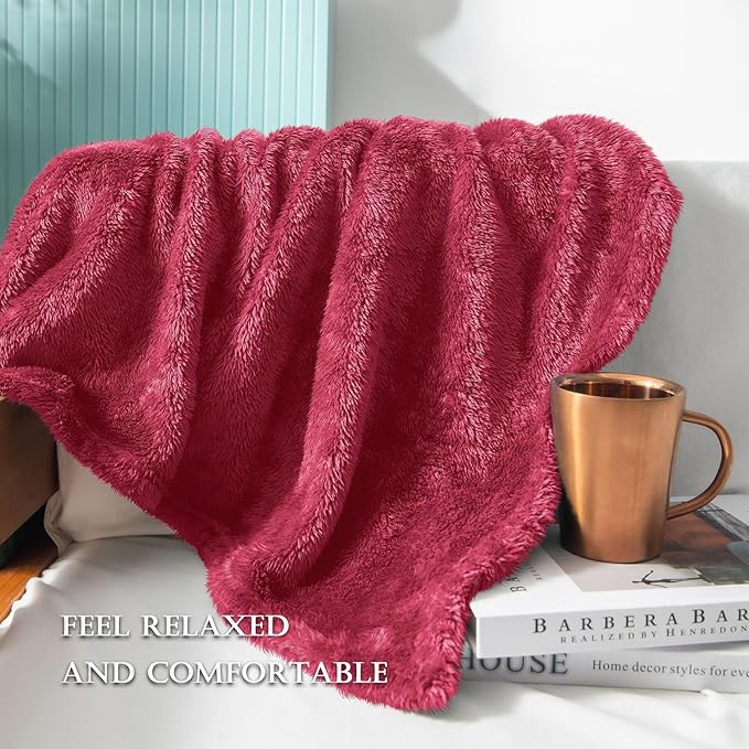 Exclusivo Mezcla Plush Fuzzy Fleece Bed Blanket Queen Size, Super Soft, Fluffy and Warm Blankets for Couch, Bed, All Season (Deep Red, 90x90 inches)