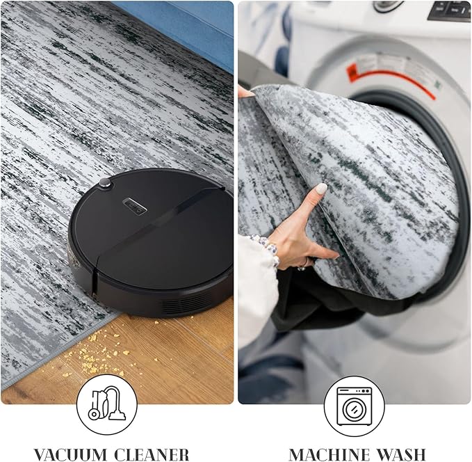 Lansny Modern Abstract Runner Rug 2x10, Black Grey White Washable Long Kitchen Runner Non-Slip Soft Hallway Rug Runner Thin Print Faux Wool Carpet for Entryway Bedroom Laundry Room Indoor Home Decor