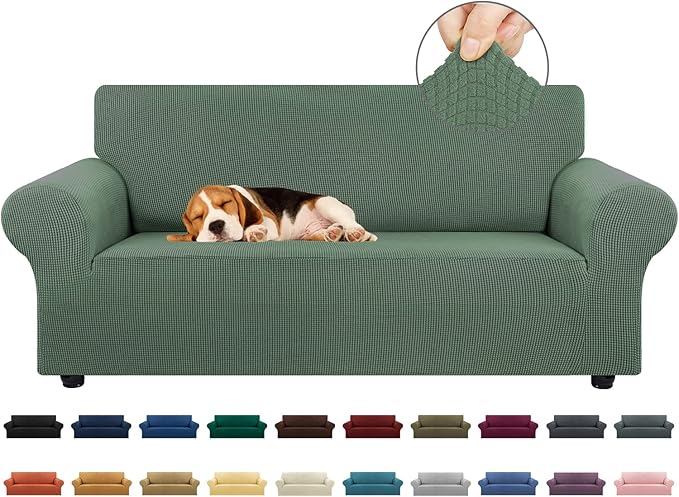 KEKUOU Stretch Loveseat Sofa Cover Slipcover,Couch Covers for 2 Cushion Couch Sofa (55"-78") Furniture Protector Sofa with Elastic Bottom for Kid,Dog. Jacquard Small Checked (Medium,Greyish Green)
