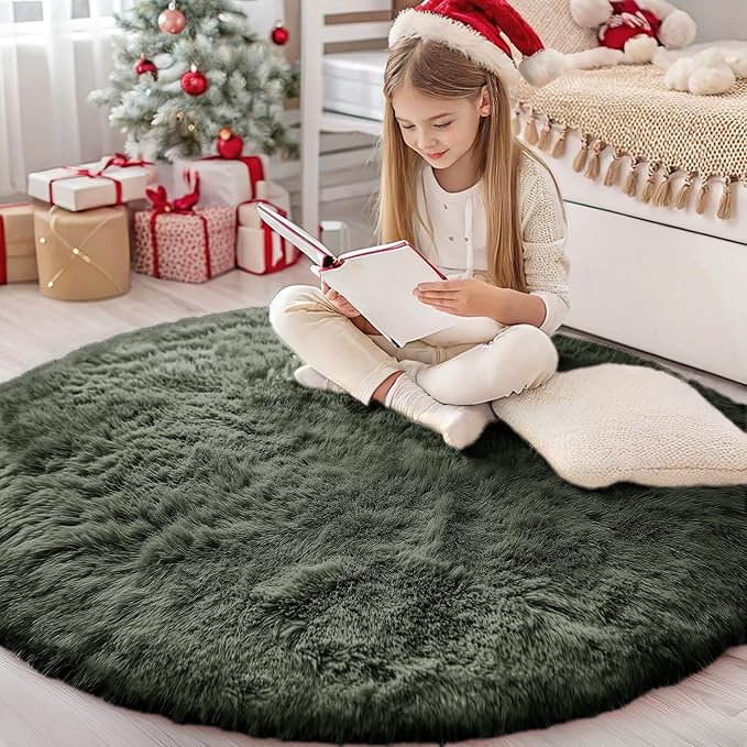OLANLY Olive Green Round Rugs for Bedroom - Machine Washable, 4 ft Circle Area Rugs for Living Room, Soft and Fluffy Shaggy Carpet for Teen Girl and Boys, Nursery Rooms, Dorms, Home Decor Aesthetic