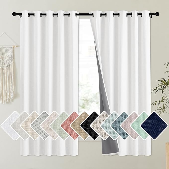 NICETOWN 100% Absolutely Blackout Linen Curtains with Thermal Insulated Liner, Greyish White, 62" Wide, 63" Length Energy Saving Curtains for Kitchen 2 Panels Set, Vertical Blinds