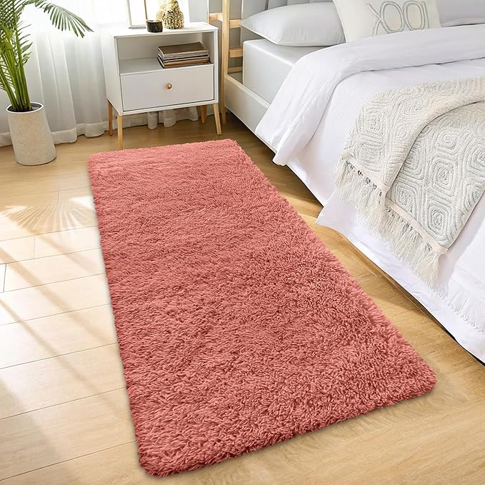 OLANLY 2x6 Machine Washable Runner Rugs for Hallway, Soft Fluffy Shaggy Bedside Rugs for Bedroom, Living Room, Indoor Floor Carpet for Kids Girls and Boys, Home Decor Aesthetic, Rust Red