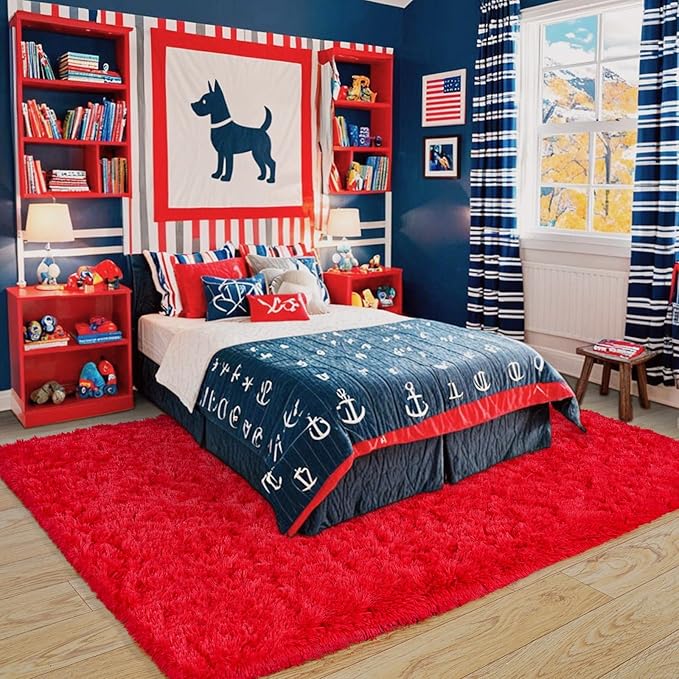 Pionblank Super Fluffy Area Rug for Living Room 5x7 Feet, Modern Indoor Shaggy Carpet, Soft Plush Non Slip Rugs for Bedroom Kids Room Teens Dorm Cloakroom Home Decor, Red
