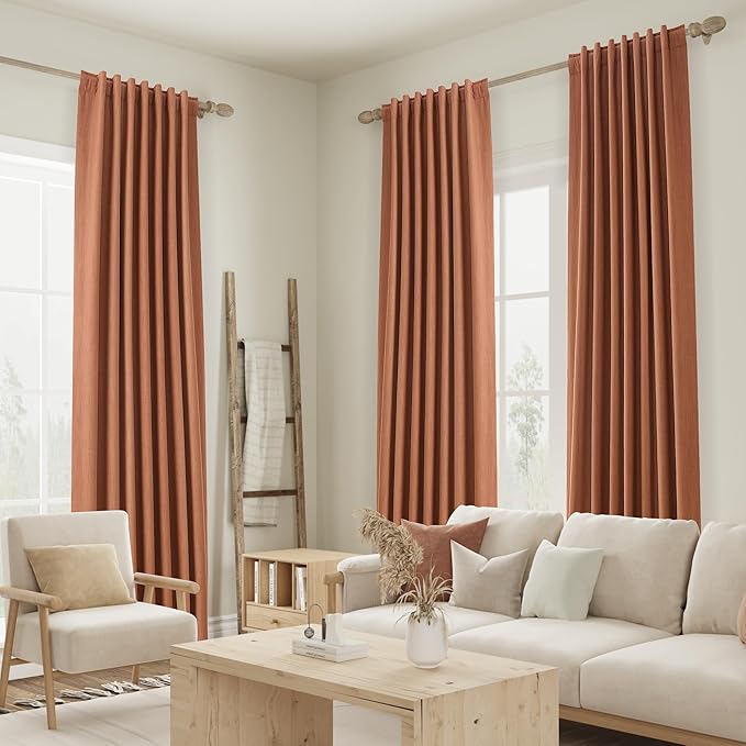 Guken Terracotta 100% Blackout Curtains 108 Inch Length 2 Panels Set Fall Curtains for Living Room Bedroom Back Tab Thermal Insulated Black Out Linen Drapes，52x108