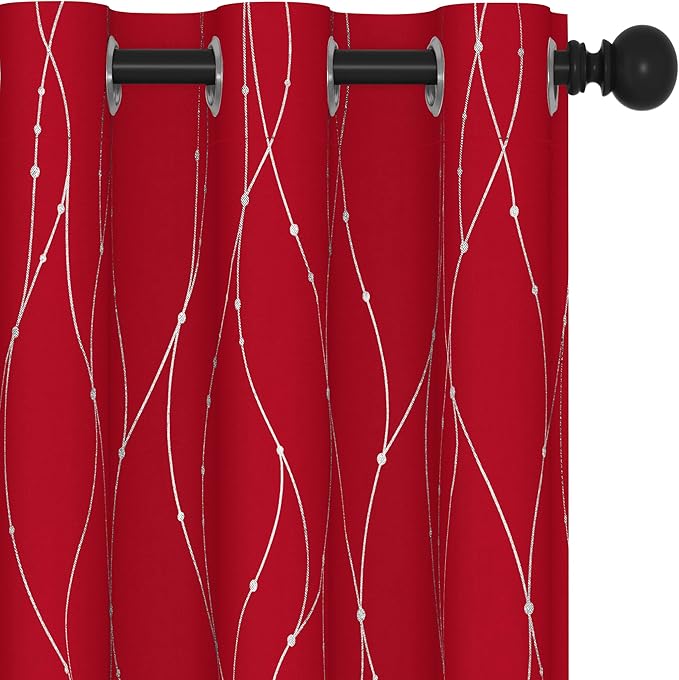 Deconovo Blackout Curtains, Christmas Red Curtain, Thermal Insulated Noise‑Reducing Drapes, Wave Line Dot Foil Print, 38 x 90 Inch, 2 Panels, Machine‑Washable Window Curtain for Party Home Decor