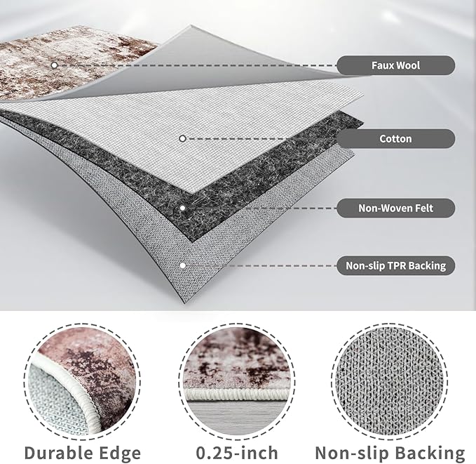 3x12 Washable Runner Rugs for Hallway: Long Abstract Runners for Entryway Bedroom - Stain and Water Resistant Rugs with Non-Slip Backing - Soft Low-Pile Carpet Brown Khaki White