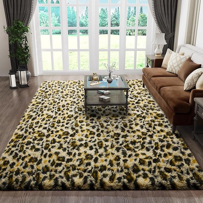 Ophanie Leopard Rugs for Living Room Bedroom, Fluffy Soft Fuzzy Cheetah Print Area Rug, Plush Shaggy Bedside Floor 5x8 Furry Carpet for Kids Baby Teen Dorm Nursery Home Decor Aesthetic